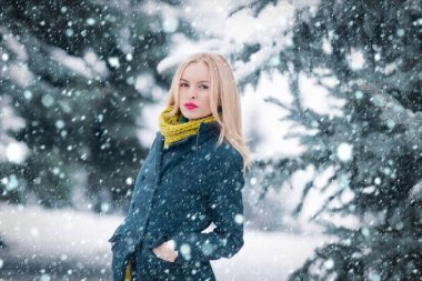 Kız ormanda kış gününde yürüyüş