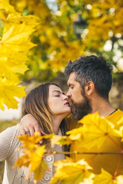 Otoño feliz pareja enamorada de las hojas amarillas del árbol — Foto de Stock