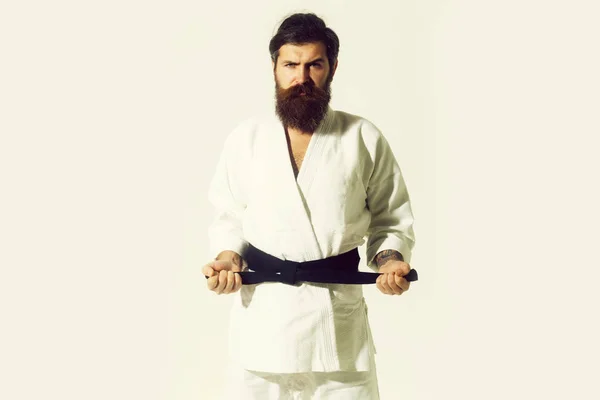 Bearded karate man, brutal caucasian serious hipster in kimono — Stock Photo, Image