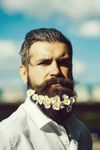 Homem bonito com flores na barba — Fotografia de Stock