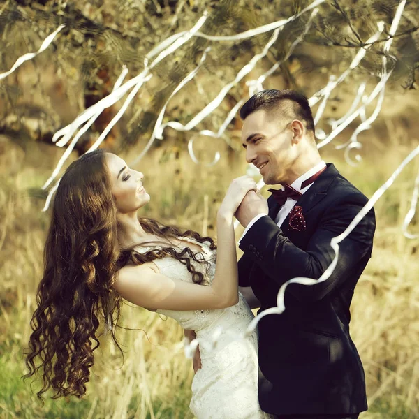 Boda pareja y cintas en el árbol —  Fotos de Stock