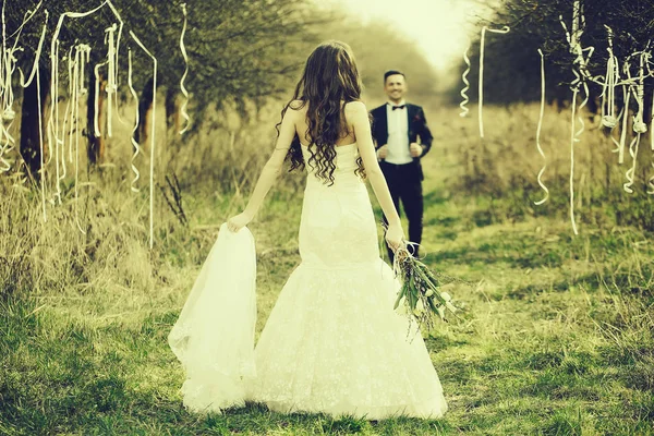 Casamento casal andando ao ar livre — Fotografia de Stock