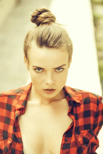 Sexy girl in checkered shirt — Stock Photo, Image