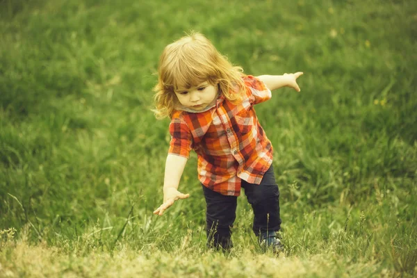 緑の芝生の上の小さな男の子 — ストック写真