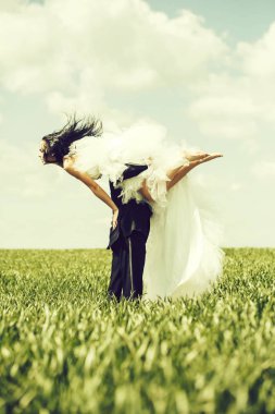 evlilik çift yeşil çim ve mavi gökyüzü