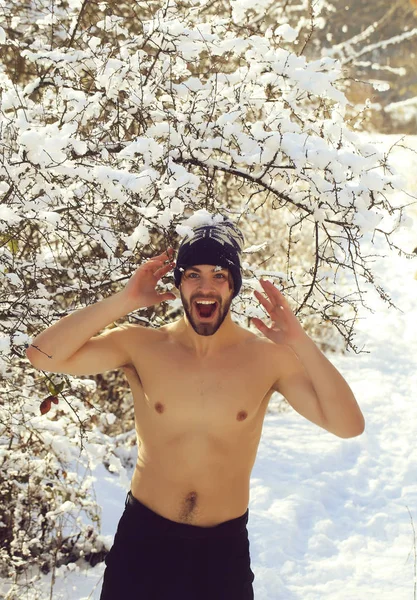 Gelukkig gespierde man in winter forest — Stockfoto