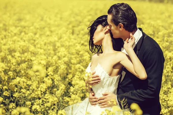 黄色の野の花の結婚式のカップル — ストック写真