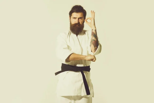 Skäggiga karate man, brutala kaukasiska allvarliga hipster i kimono — Stockfoto