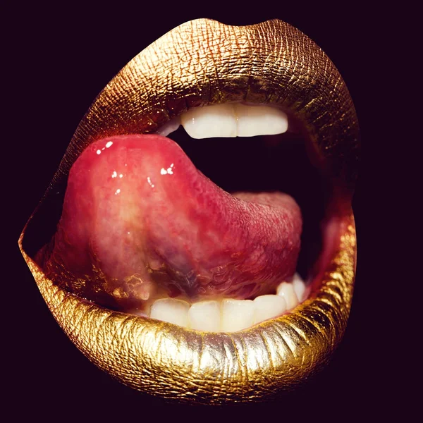 Lips with tongue on black — Stock Photo, Image