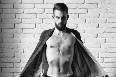 ince tuğla duvar arka plan üzerinde mor tişörtlü adam sakallı