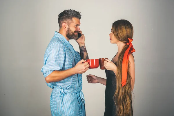couple in love drink morning coffee or tea.