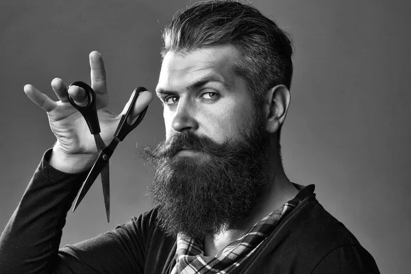 bearded man with hairdresser scissors