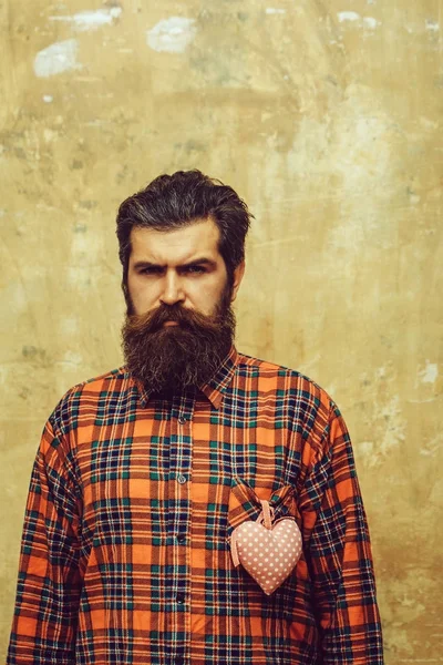 Brodaty mężczyzna z brodą z serca różowe włókienniczych na koszuli — Zdjęcie stockowe