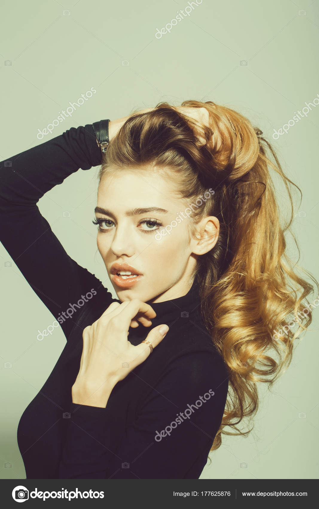 Pretty Sexy Woman Or Girl With Long Blonde Curly Hair Stock