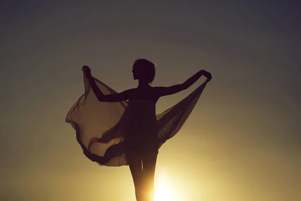 Silhueta de menina sobre o pôr do sol — Fotografia de Stock