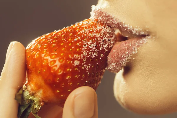 Female sugar lips bite red strawberry — Stock Photo, Image