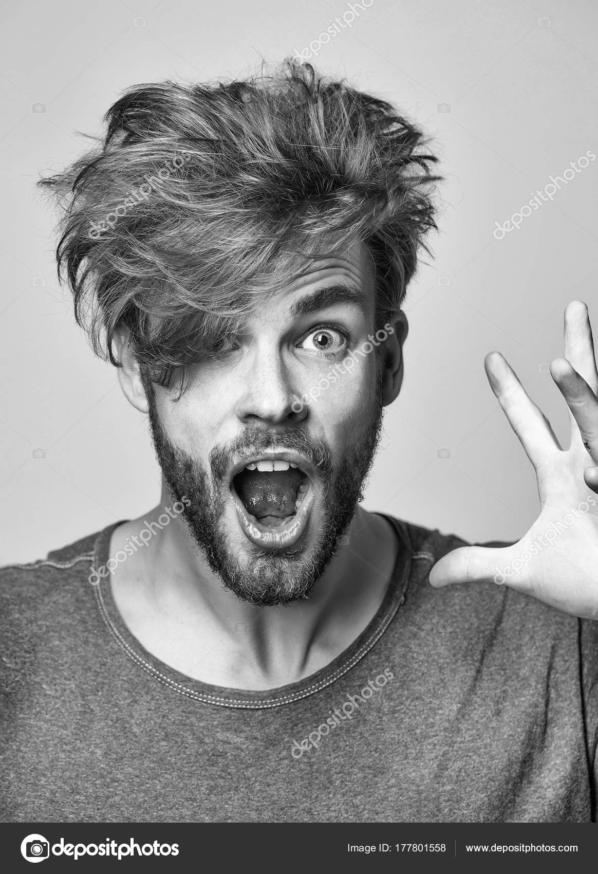 Shaggy Guy Haircuts Angry Man Shouts Furiously Stock Photo