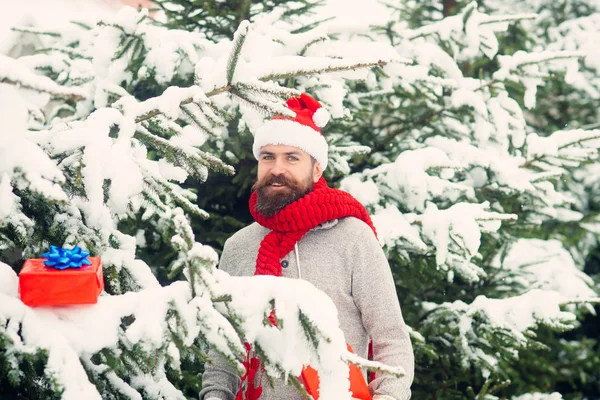 Hipster santa au sapin de Noël dans la forêt enneigée d'hiver . — Photo