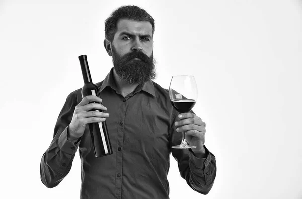 Skäggig man hipster med vinflaska, glas i brun skjorta — Stockfoto