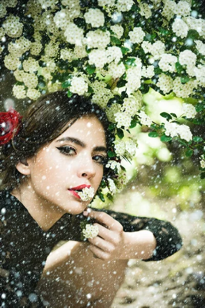 Девушка с модным испанским макияжем, цветок розы в волосах — стоковое фото