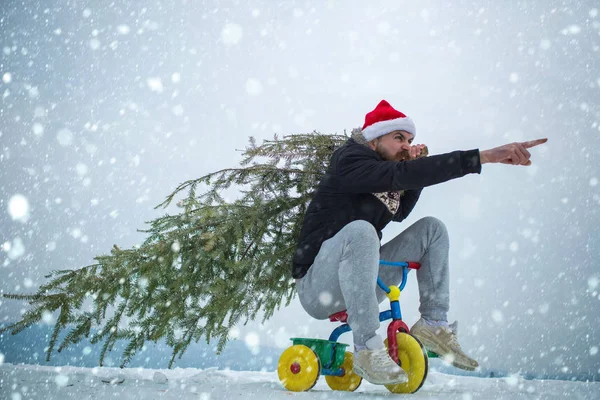 Hipster llevando árbol de Navidad sobre nieve blanca — Foto de Stock