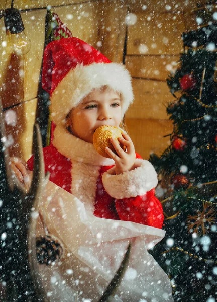 Papai Noel criança na árvore de Natal — Fotografia de Stock