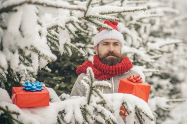 Hipster santa Noel ağacının karlı kış orman.
