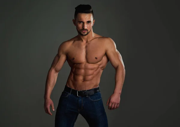 Coach sportsman with bare chest in jeans. — Stock Photo, Image