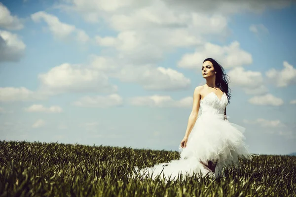 Pretty wedding girl on green grass and sky — Stock Photo, Image