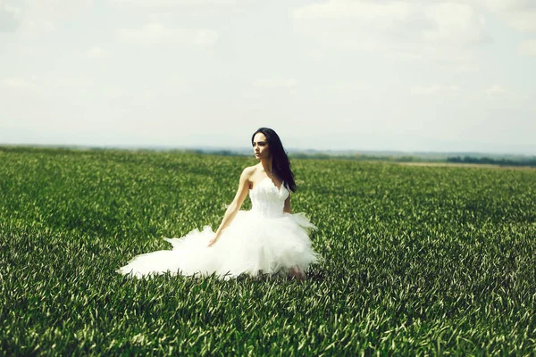 Ładna Panna Młoda na zielonej trawie i niebo — Zdjęcie stockowe