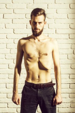 çıplak ince ya da ince vücudu, göğüs ve gövde beyaz tuğla duvar arka plan üzerinde anoreksiya ile diyet sakallı adam veya hipster yakışıklı olan