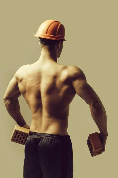 Jovem Homem Bonito Macho Construtor Com Corpo Forte Atlético Muscular — Fotografia de Stock