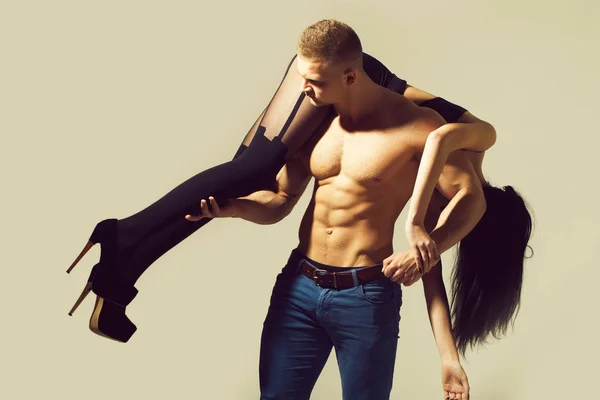 Young Couple Handsome Macho Man Jeans Sexy Muscular Athletic Body — Stock Photo, Image