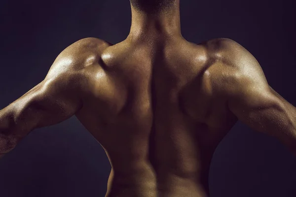 Sexy Muscular Male Back Athlete Bodybuilder Posing Power Raised Hands — Stock Photo, Image