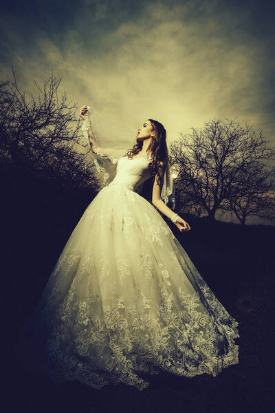 beautiful bride in the dusk in modern white wedding dress near bare trees outdoor