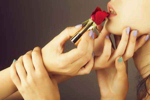 Manos Femeninas Con Piel Tierna Manicura Azul Sosteniendo Flor Rosa — Foto de Stock