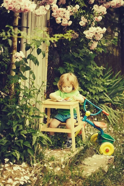 small boy eating near rose bush