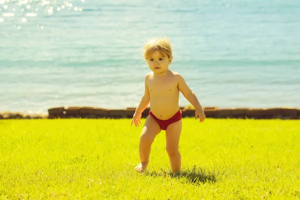 Ładny chłopczyk spacery na zielonej trawie — Zdjęcie stockowe
