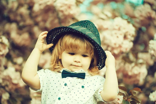 핑크 꽃에 귀여운 소년 — 스톡 사진