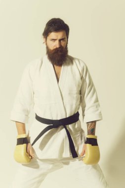 ciddi karate erkek kimono ve boks eldivenleri sakallı