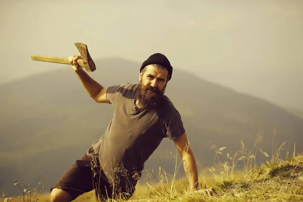 Leñador Hipster Hombre Con Barba Larga Bigote Camisa Gris Con — Foto de Stock