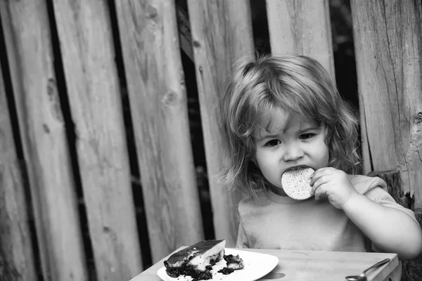 Маленький мальчик ест пирог возле деревянного забора — стоковое фото