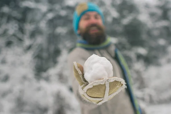 Snowball Hand Blurred Bearded Man Mittens Thermal Jacket Hat Scarf — Stock Photo, Image