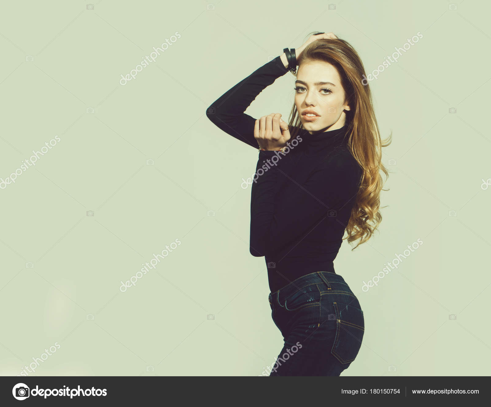 Pretty Sexy Woman Or Girl With Long Blonde Curly Hair Stock