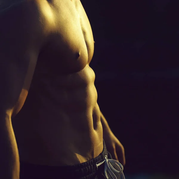 年轻的性感的男性的肌肉发达的身体和裸露躯干与胸部室外阳光灿烂的日子 — 图库照片