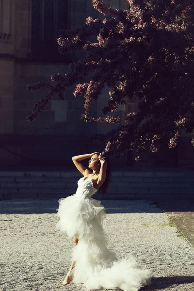 婚礼性感女人与棵开花的树 — 图库照片