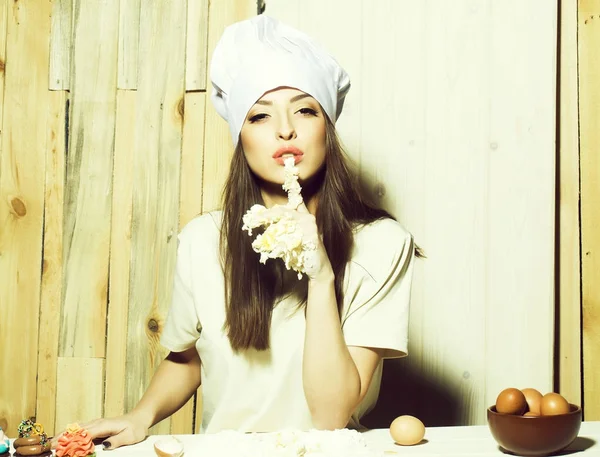 One Beautiful Young Female Cook Professional White Uniform Hat Apron — Stock Photo, Image