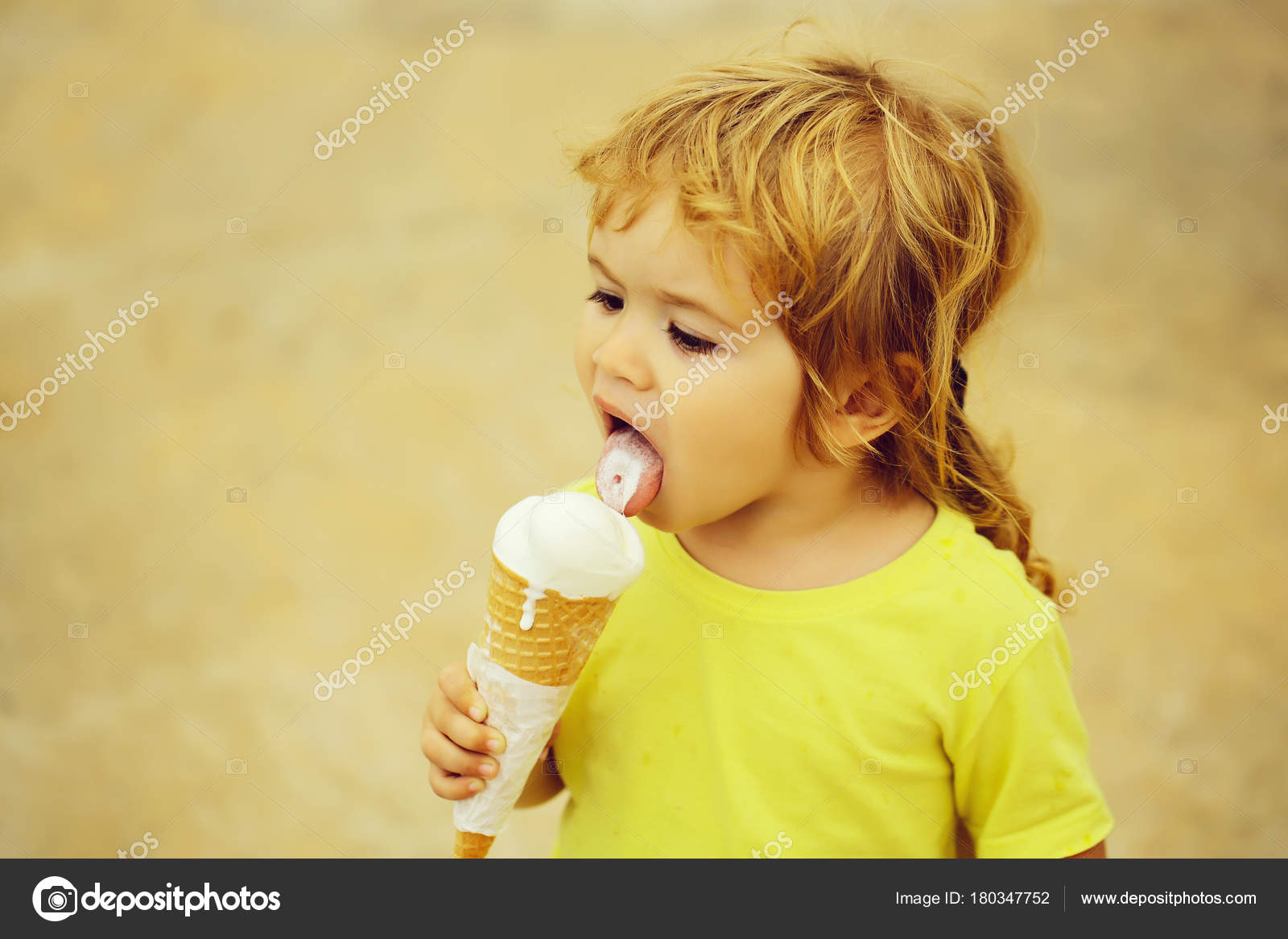 Cute Baby Boy Child Curly Blond Curly Hair Yellow Shirt Stock
