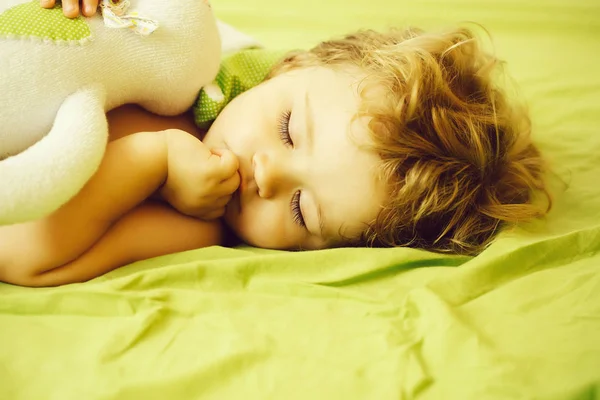 Ładny Chłopiec Dziecko Blond Włosy Kręcone Śpi Spokojnie Przytulanka Łóżku — Zdjęcie stockowe