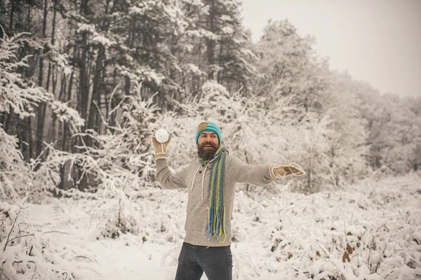 Bebaarde Man Glimlach Met Sneeuwbal Het Besneeuwde Bos Temperatuur Bevriezing — Stockfoto